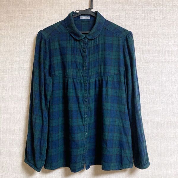 ハニーズ 長袖シャツ ネルシャツ Lサイズ チェック 丸襟 トップス ネイビー グリーン