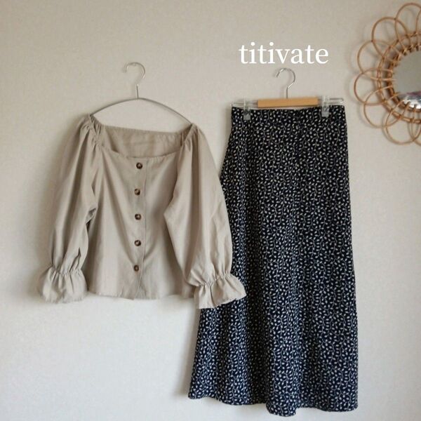 おまけトップス(KOBE LETTUCE)付きtitivate リーフプリントフレアロングスカート Aライン