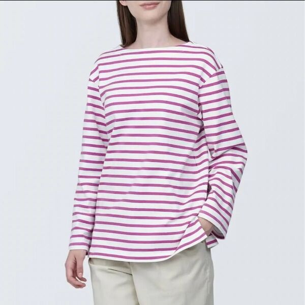 太番手 ボートネック 長袖Tシャツ カットソー ボーダー ピンク M
