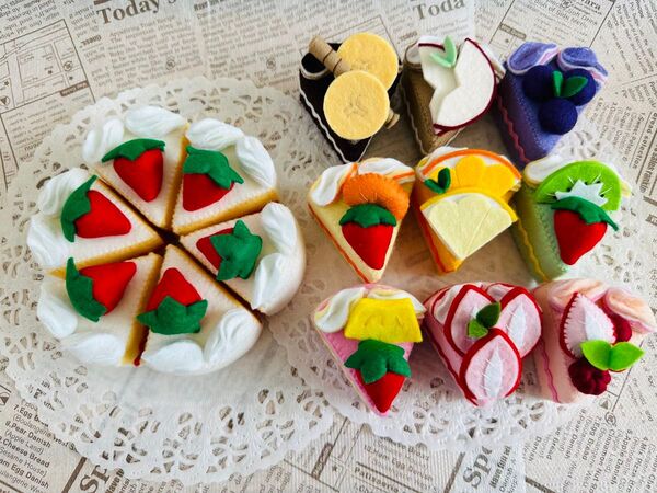 ハンドメイド フェルトケーキ ミニケーキ フルーツケーキ イチゴケーキ6個 フルーツケーキ9種類各1個 合計15個セット ままごと