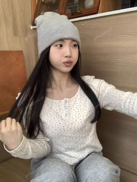 レディース ボタンアップ 長袖 カジュアル 韓国風 フローラル ショート丈Tシャツ