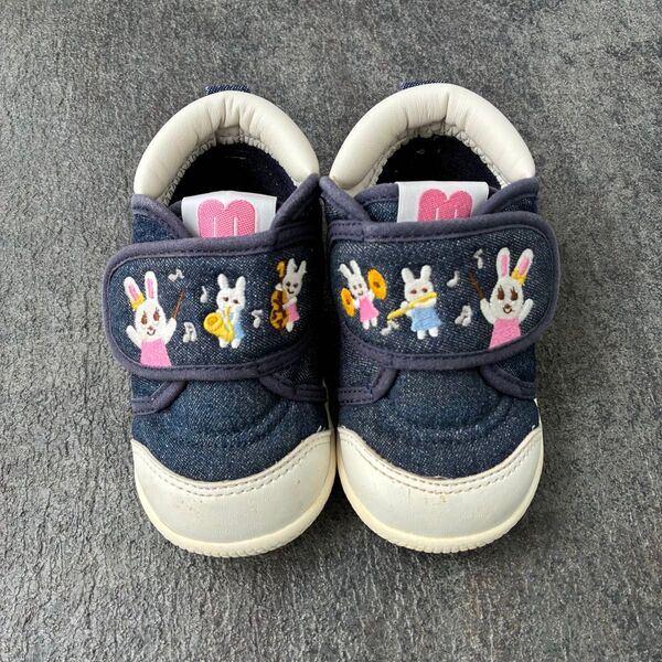 美品 ミキハウス 13cm 刺繍デニム ベビーシューズ MIKIHOUSE 靴 女の子 スニーカー 子供用靴