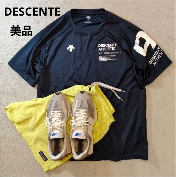 デサント ロゴ クルーネック ラグラン ドライ半袖Tシャツ 紺 ネイビー 状態良