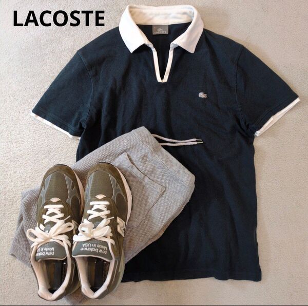 LACOSTE ラコステ 刺繍ロゴ スキッパー カノコ 鹿の子ポロシャツ 黒×白