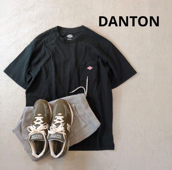 DANTON ダントン 胸刺繍ロゴ クルーネック 半袖Tシャツ 黒 ブラック 色落少