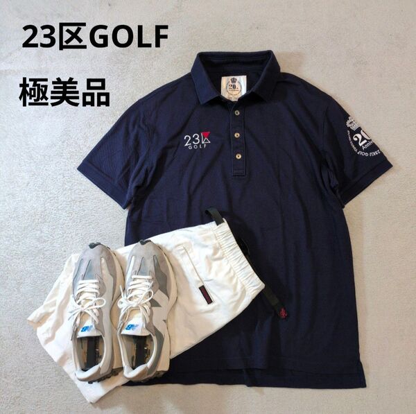 23区GOLF ニジュウサンクゴルフ 胸刺繍ロゴ 鹿の子ポロシャツ 紺 極美品