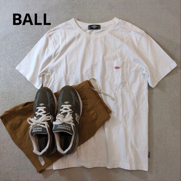 BALL ボール 胸刺繍ロゴ クルーネック 半袖Tシャツ 純白 ホワイト 状態良