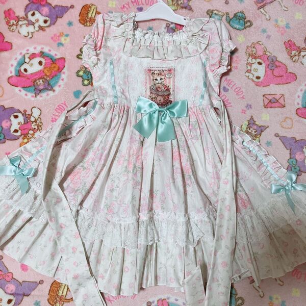 ハンドメイド ロリータ 花柄 猫ちゃんワンピース 110 新品