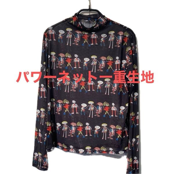 新品タグ付パワーネット一重生地長袖ボトルネックインナーポップなイラスト柄が大人可愛いレアデザインブラック重ね着に通年便利柔らか