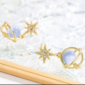 ゴールド ブルーキャッツアイ 惑星 ピアス キュービックジルコニア アクセサリー ヴィンテージ