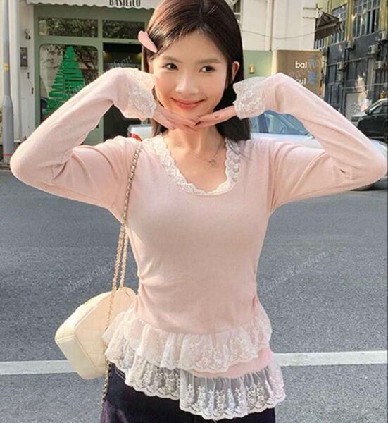 SHEIN レース切り替え 長袖Tシャツ レディース、スリミング&スイート/スパイシーなレイヤリングトップス