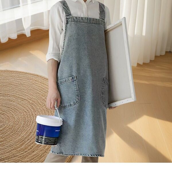 グレー デニム エプロン 青 無地 大人 フリー 男女兼用 ユニセックス DIY キッチン 料理 ガーデニング 作業 肩紐太め