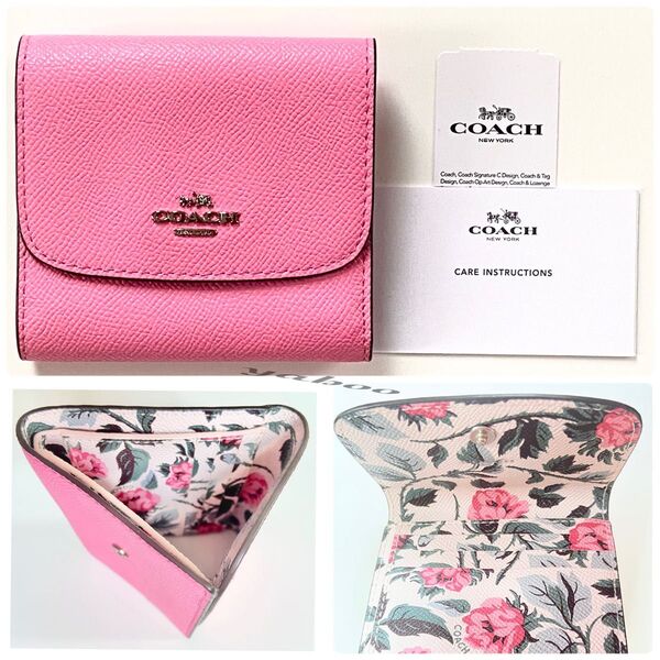 COACH コーチ 三つ折り財布 ピンク×マルチカラー花柄 レザーミニウォレット 未使用