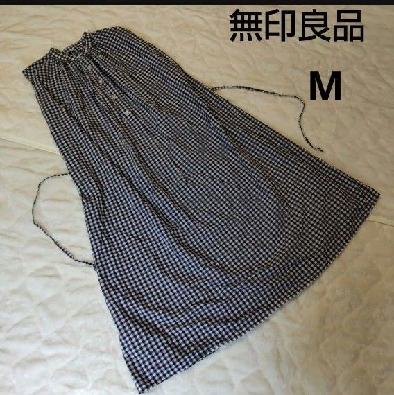 無印良品 コットン ワンピース ノースリーブ ギンガムチェック M 衿元ギャザー Aライン