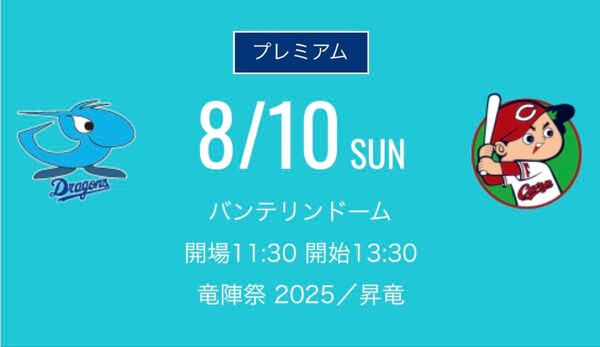 8月10日(日) 中日ドラゴンズ 対広島東洋カープ レフト側ドラゴンズ 外野応援席 ペア