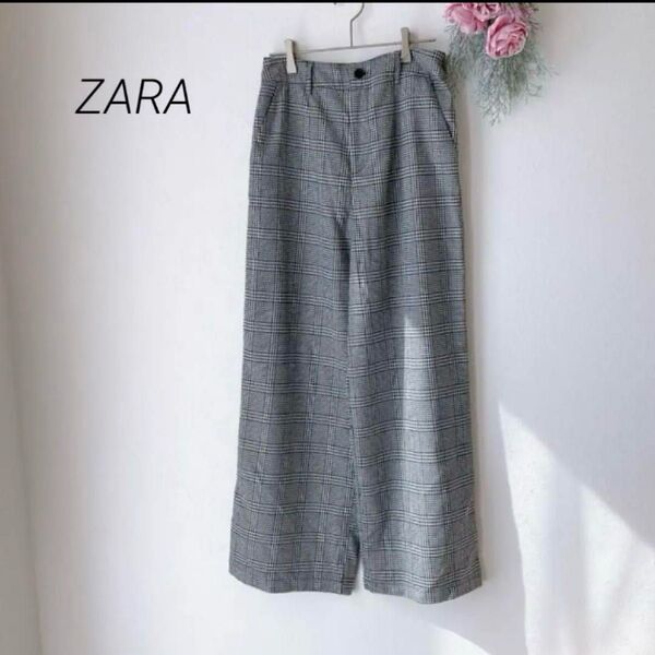 252 【 ZARA 】 ザラ ワイドレックパンツ スラックス フルレングス 千鳥格子(ちどりごうし)柄