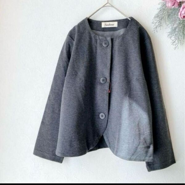 262【 SARAHWEAR 】 ポンチノーカラージャケット グレー ノーカラージャケット 長袖 アウター