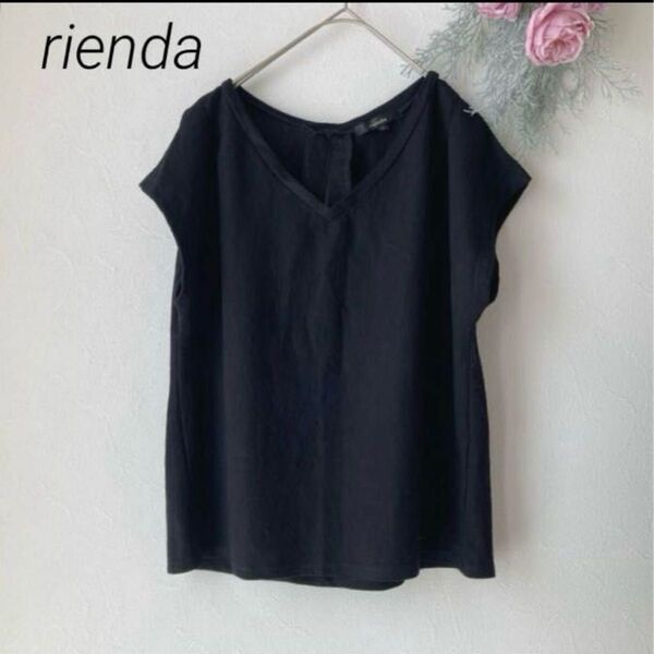 317 【 rienda 】 リエンダ シフォン カットソー 半袖 フリーサイズ ブラウス 無地 F 黒 Tシャツ