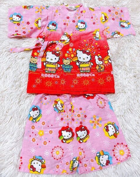 希少 ハローキティ甚平上下セット100cm ピンク 2005年平成レトロ 花火