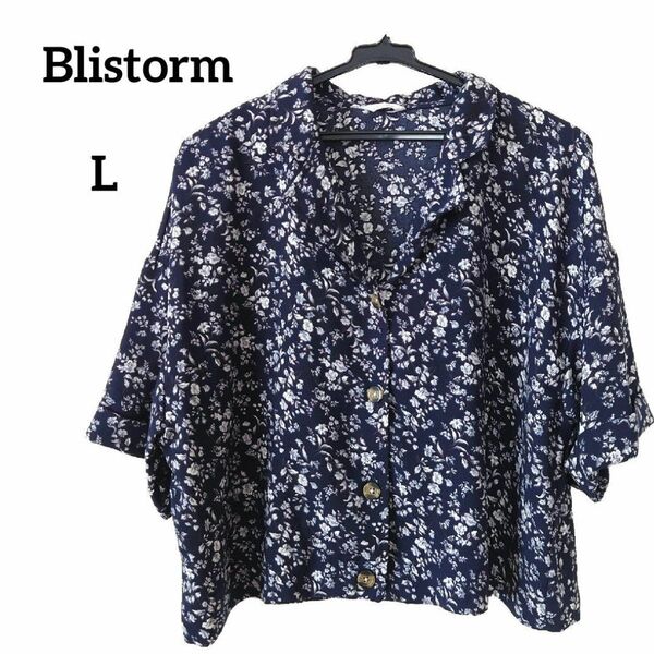 【Lサイズ】Blistorm ブリストーム レディース半袖シャツ 花柄総柄 ネイビー×白