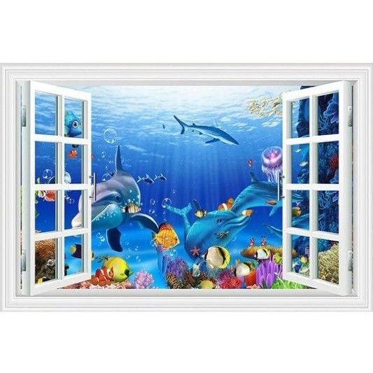 3Dウォールステッカーはがせる壁紙シールイルカと熱帯魚40×60☆