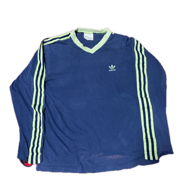 adidas 希少アディダス 80s 長袖 ロンT トレフォイル ネイビー×グリーン ヴィンテージ 古着 ポルトガル製 Mサイズ