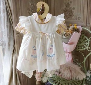 ボリューム袖アンティーク風ワンピース（2枚セット）●ホワイト+ベージュ●綿●キッズ服/子ども服●120cm