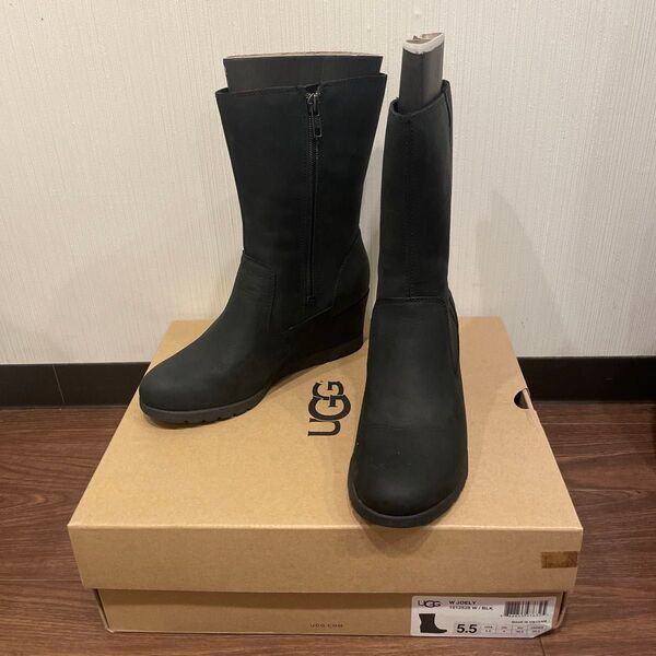 美品!雨靴ウォータープルーフUGGアグレディース皮革ヒールブーツ22.5㎝黒長靴 ブラック レザーレインブーツ