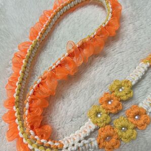 スマホショルダーストラップ ハンドメイド マクラメ オレンジ チュールショルダーストラップ ハンディファンストラップ