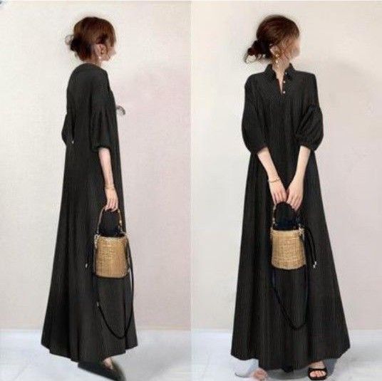 【新品未使用】Lサイズ ストライプ ロングワンピース ブラック シャツワンピ Aライン 七分袖 ゆったり