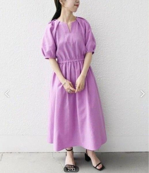 【美品】 SHIPS any シップスエニィ リネンミックスパフスリーブワンピース リネン ワンピース ロング丈 ピンク