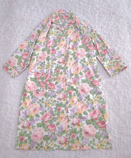 【美品】HOTMAN 花柄 ルームウェア パジャマ 綿100% 長袖 ホットマン 日本製 ワンピース 部屋着