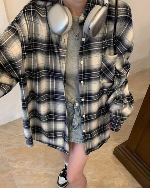 チェック柄 オーバーサイズシャツ 男女兼用 長袖
