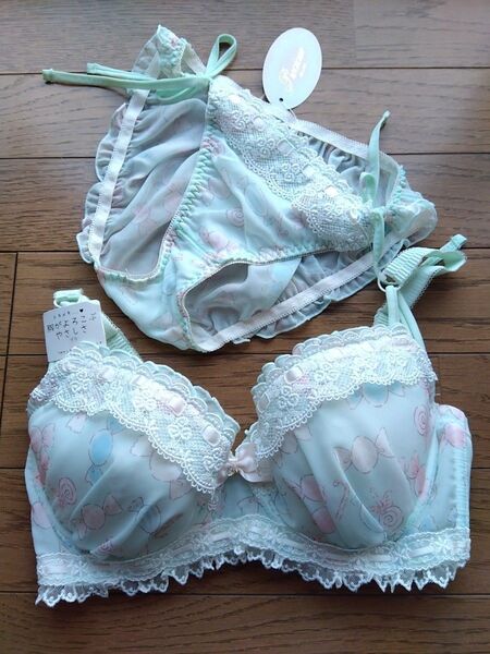 パリシェ ミント系 キャンディー柄 上下セット ブラジャー ショーツ ブラジャーショーツセット リボン レース