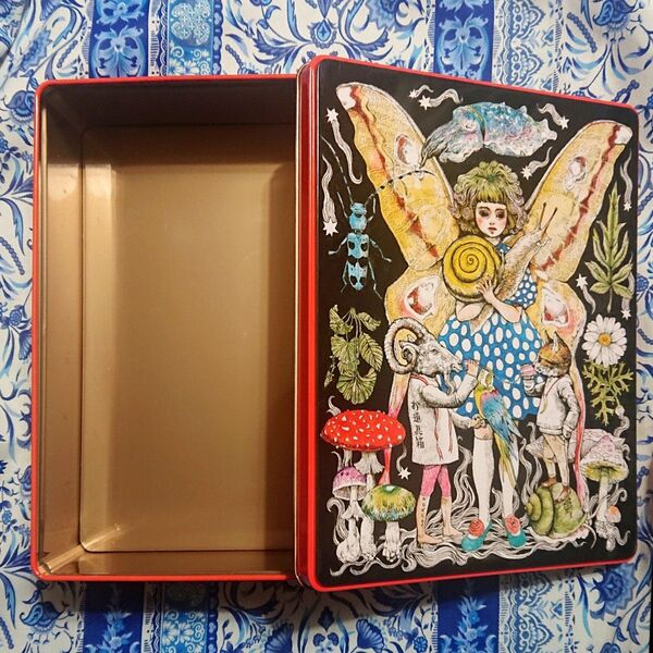 廃盤 ヒグチユウコ×ホルベイン 2013年 角缶 ツールボックス 缶ケース お道具箱 ブリキ缶 初代 妖精 猫 きのこ 昭和レトロ