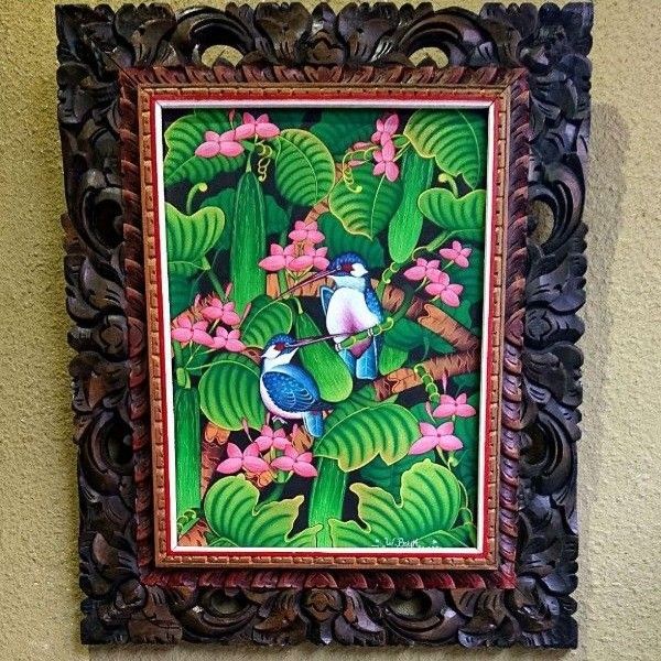 大きめ バリアート プンゴセカン バリ島 絵画 自然 鳥 花 アート カワセミ バリ絵画 手描きイラスト