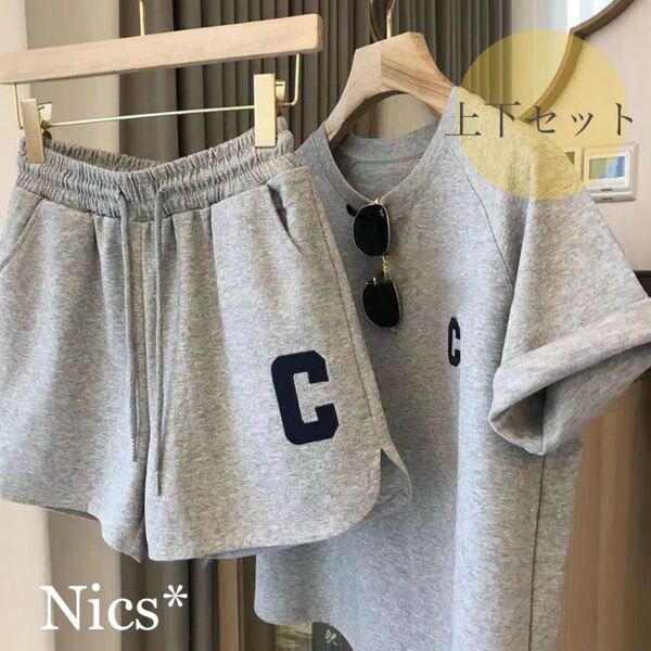 セットアップ 上下セット ショートパンツ レディース 夏 Tシャツ ルームウェア スポーツウェア カジュアル 楽ちん【Mサイズ】