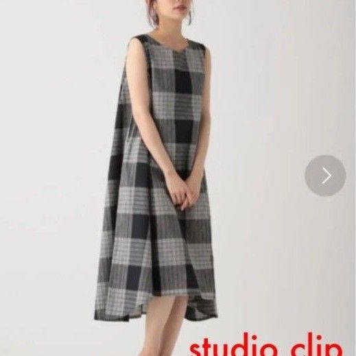 studio CLIP ノースリーブワンピース M チェック コットンリネン