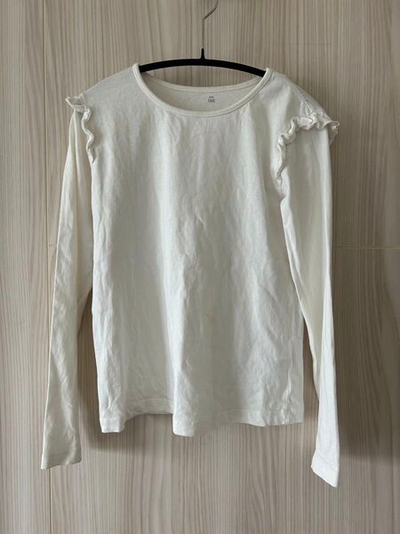 まとめ割対象/GUジーユー肩フリルシンプル 長袖 カットソーTシャツ150 白ホワイト
