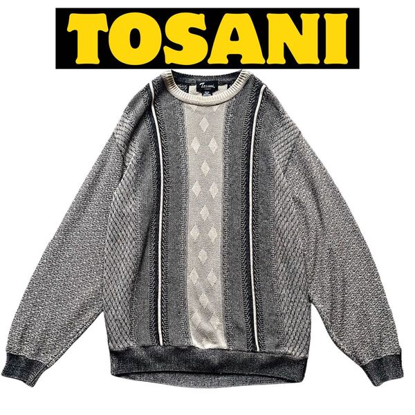 TOSANI ニットセーター ストライプ柄 総柄ニット 3D 古着 ベージュ M