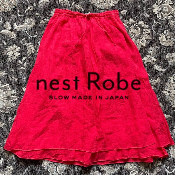 【美品】nest Robe ネストローブ リネンスカート ひざ丈 レッド 赤