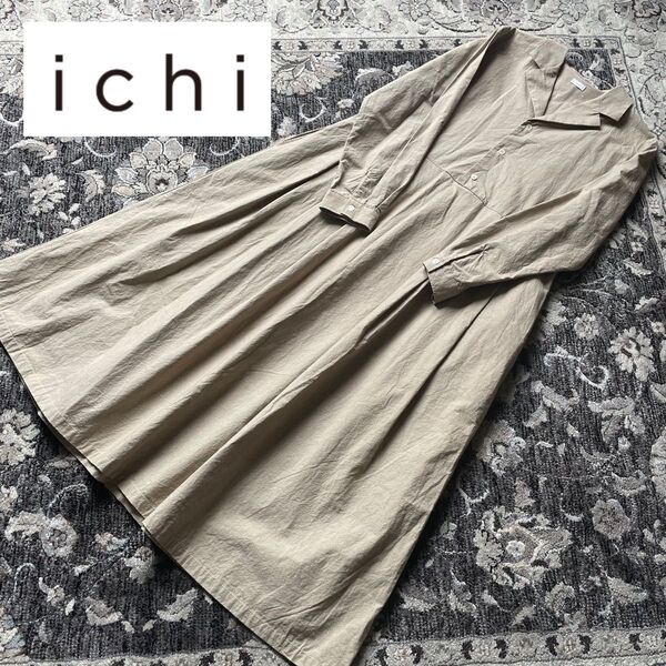 ichi イチ シャツタックワンピース オープンカラー 長袖 ベージュ レトロ