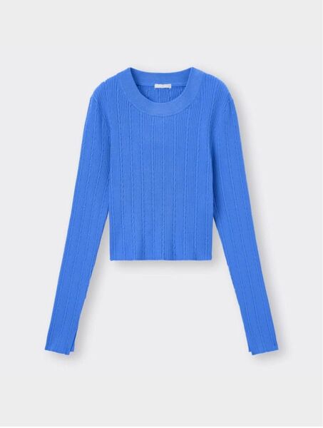 【美品】GUジーユー★人気!ミニケーブルクロップドセーター/長袖ニットカットソー★水色ブルー/Sサイズ