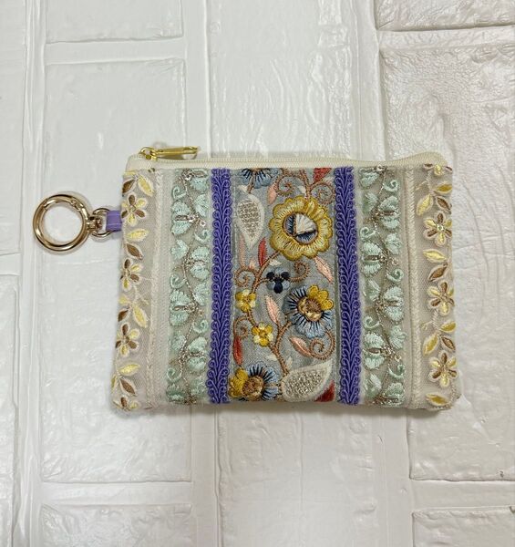 new ③ インド刺繍リボン ミニポーチ コインポーチ 小物入れ 小銭入れ ハンドメイド 大人可愛い 夏コーデ