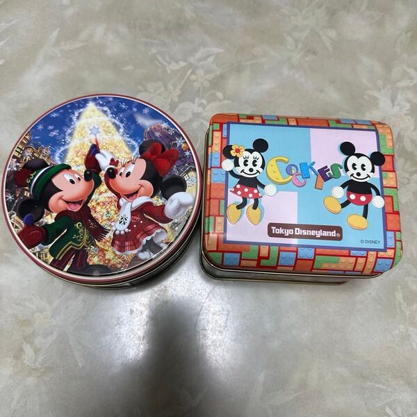 ディズニー クッキー缶(空き缶)2個セット 東京ディズニーランド クリスマス ブロック ミッキー ミニー おまけ ハンカチ