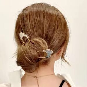 シンプルヘアスティック U型立体タイプ 簡単ヘアピン 青&金 シンプルかんざし