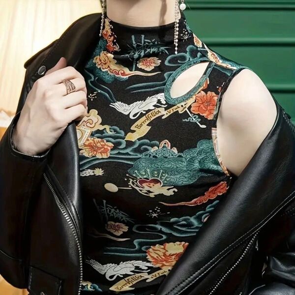 チャイナ服 中国衣装 チャイナトップス 和風キャミ 和風ノースリーブ 黒インナー