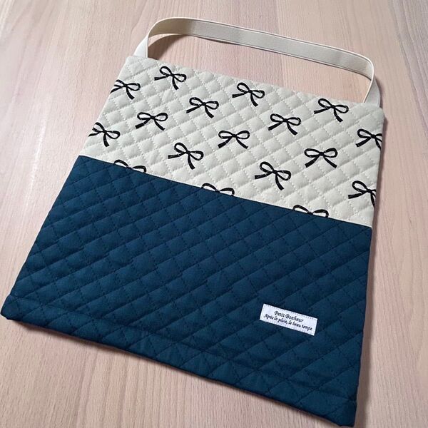 防災頭巾カバー リボン グリーン 座布団タイプ 正方形 ハンドメイド 入学