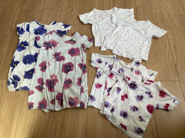 6枚セット ハッカベビー すみれ柄 半袖ロンパース2枚 単肌着4枚 双子 お揃い 女の子 可愛い