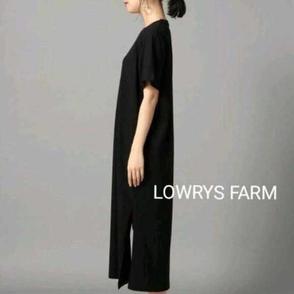 LOWRYS FARM ロングワンピース ブラックカットソーワンピース スリット Tシャツワンピース